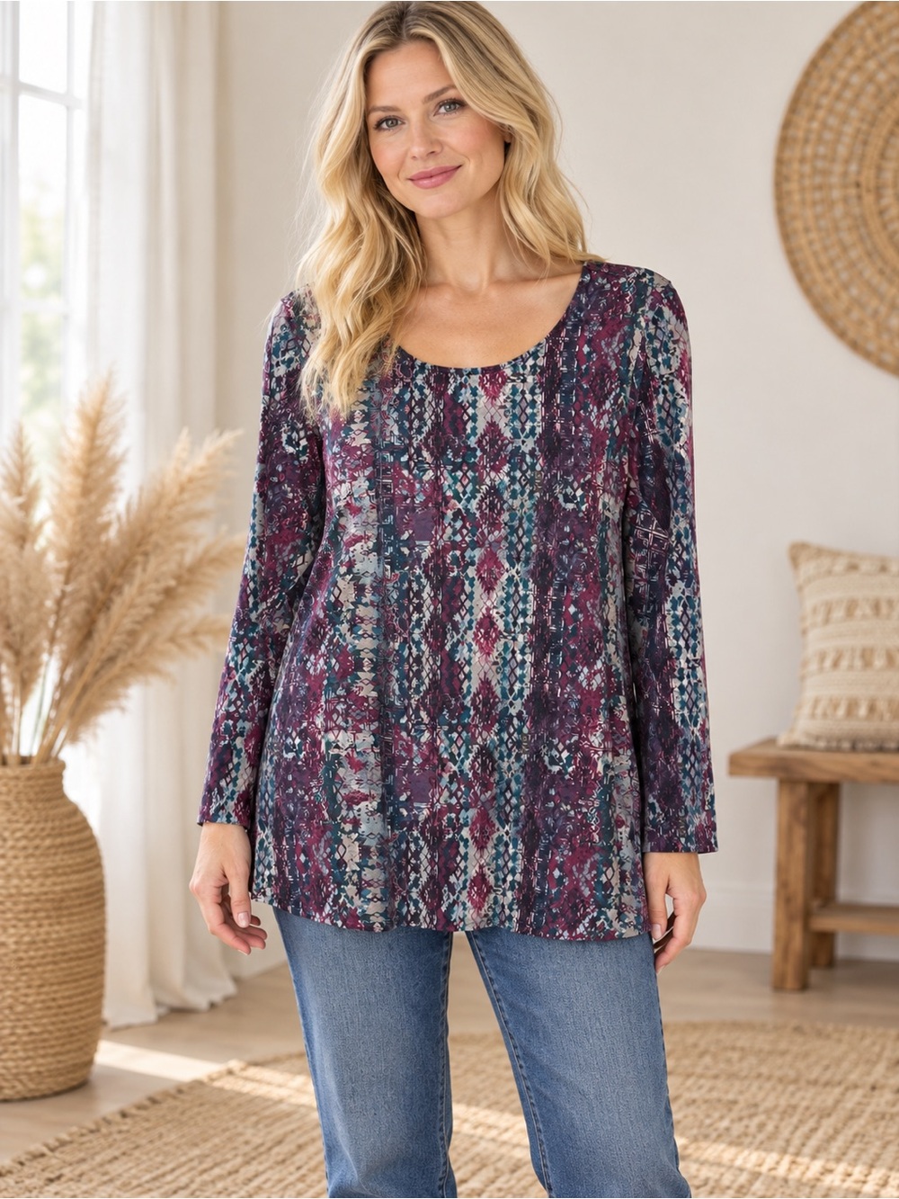 J. Jill Scoop Neck Long Sleeve Tunic in Plum Multi Print